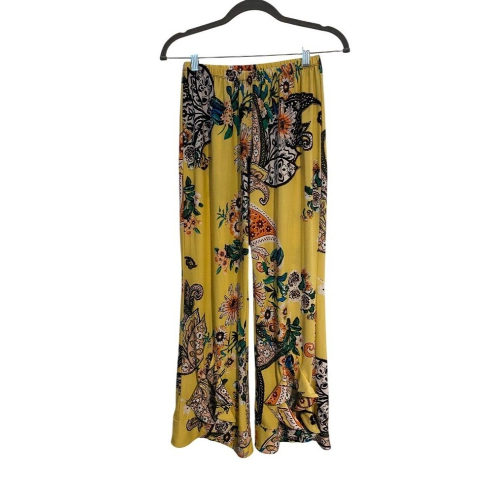 Melissa Paige Women's Yellow Floral Wide-Leg Pants Pull On Ruffle Boho Festival